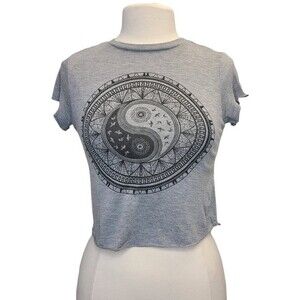 H&M Grey Ying Yang Peace Graphic Crop Short Sleeve Tee Womens XS